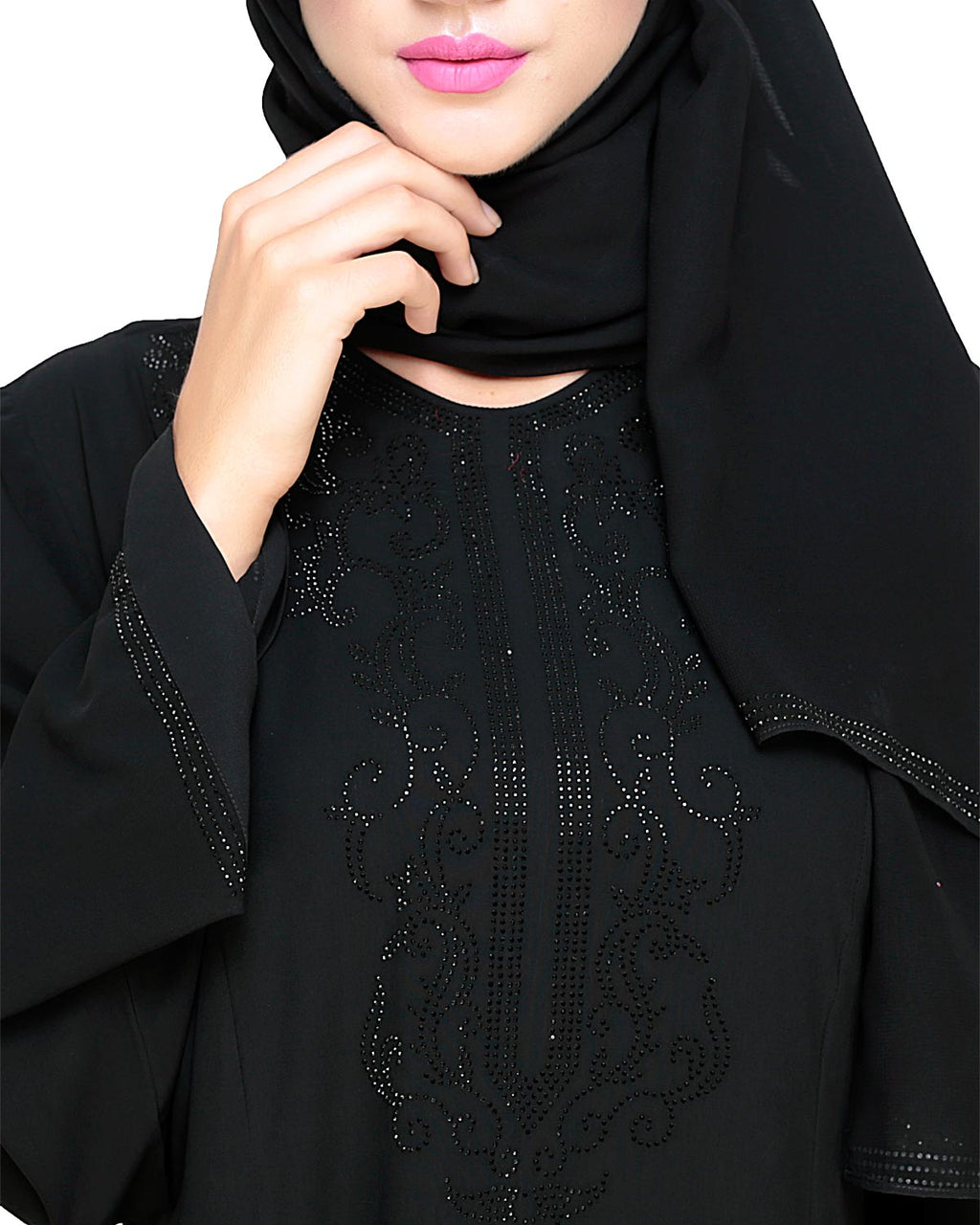 Exquisite Stone Work Designer Black Dubai Style Abaya Black