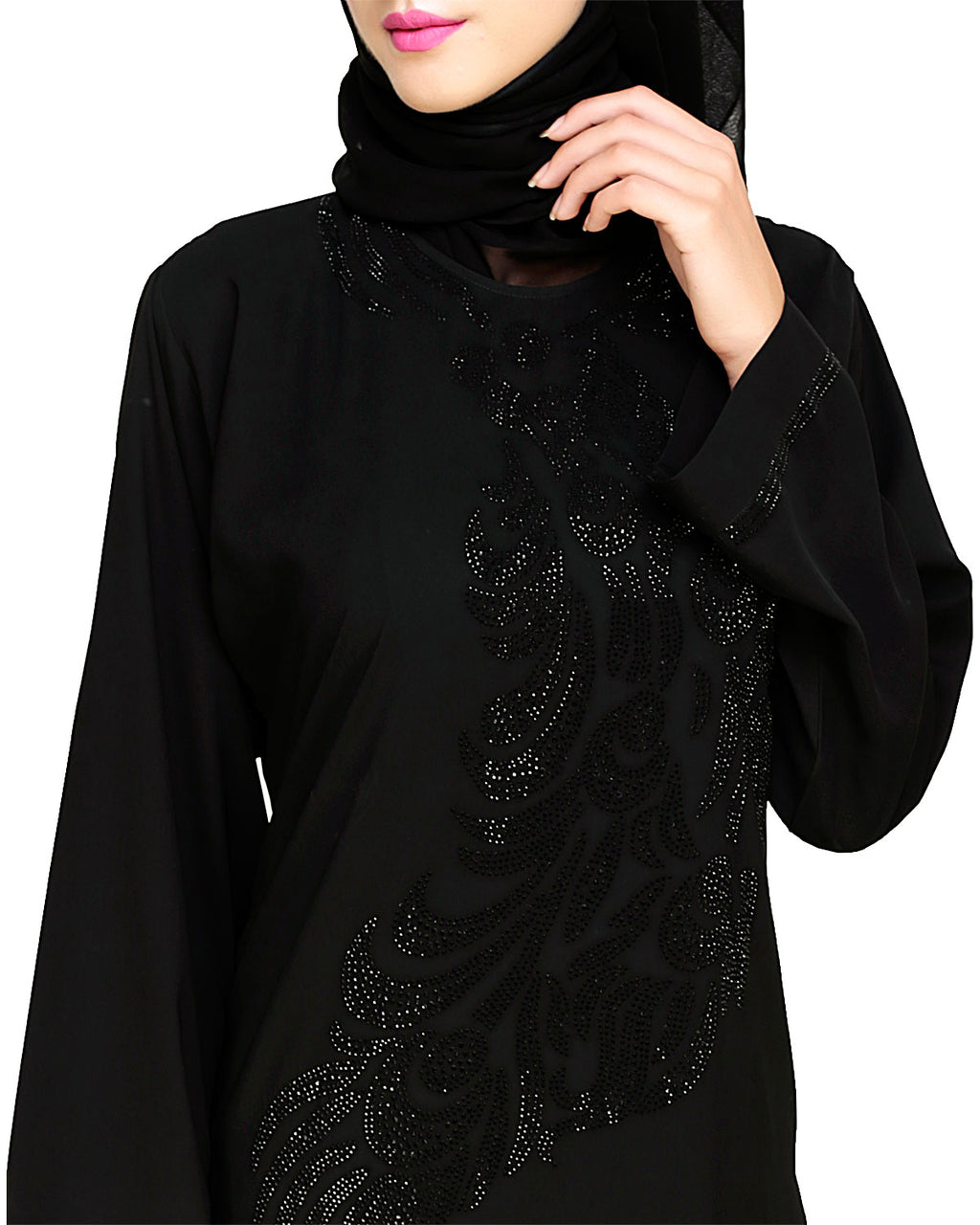 Exquisite Stone Work Sleek Black Dubai Style Abaya Black