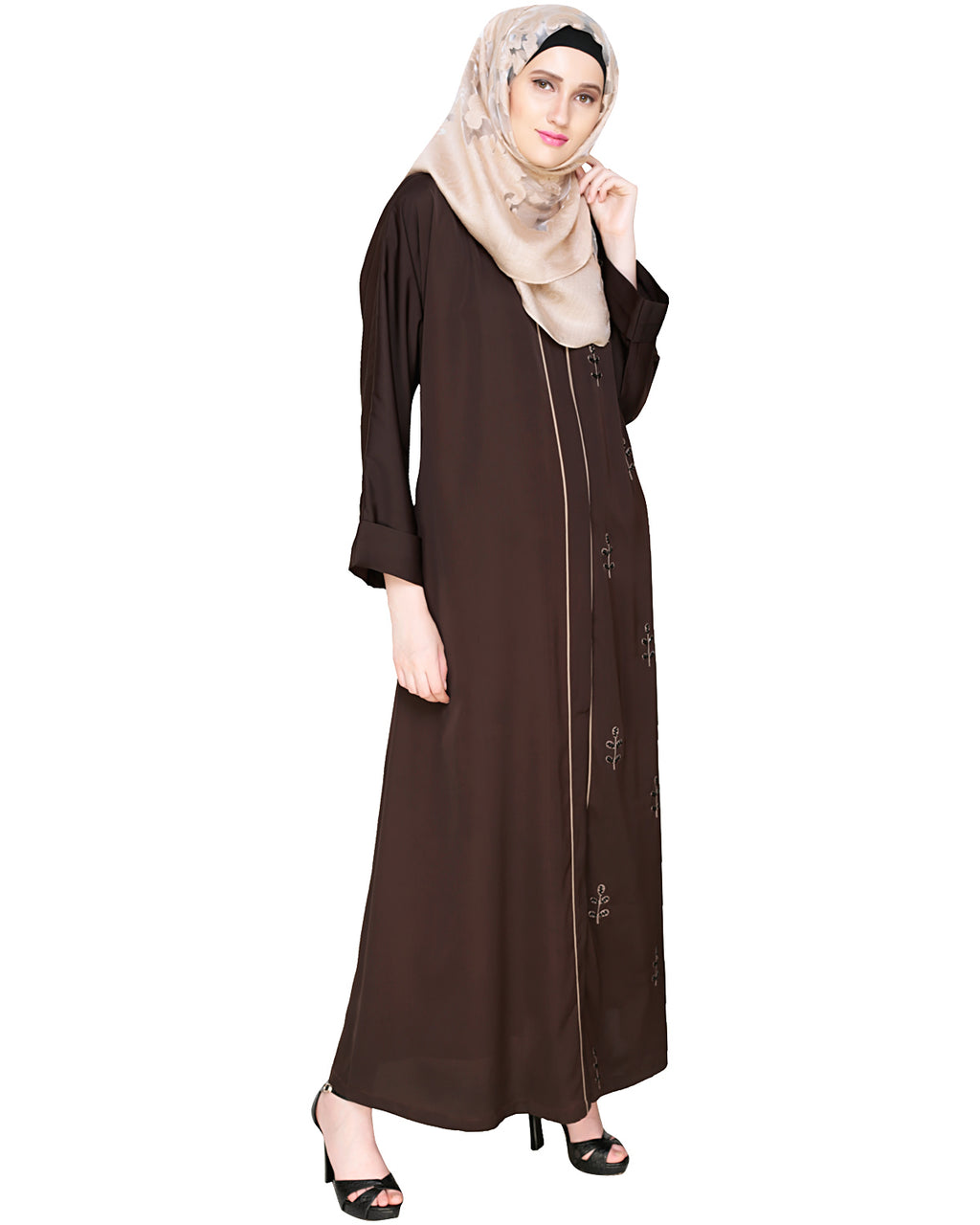 Botanic Beaded Dubai Style Abaya Oak Brown