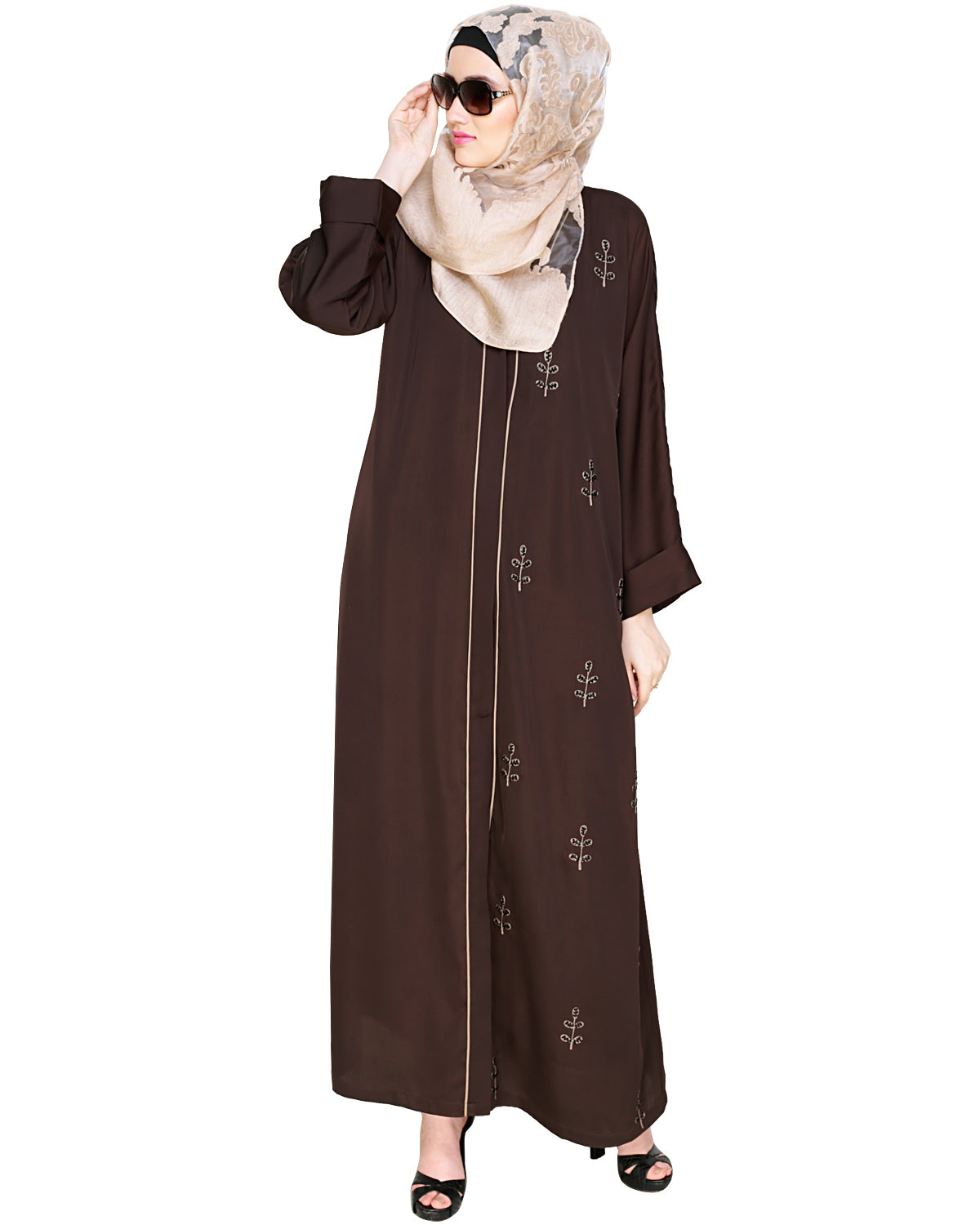 Botanic Beaded Dubai Style Abaya Oak Brown