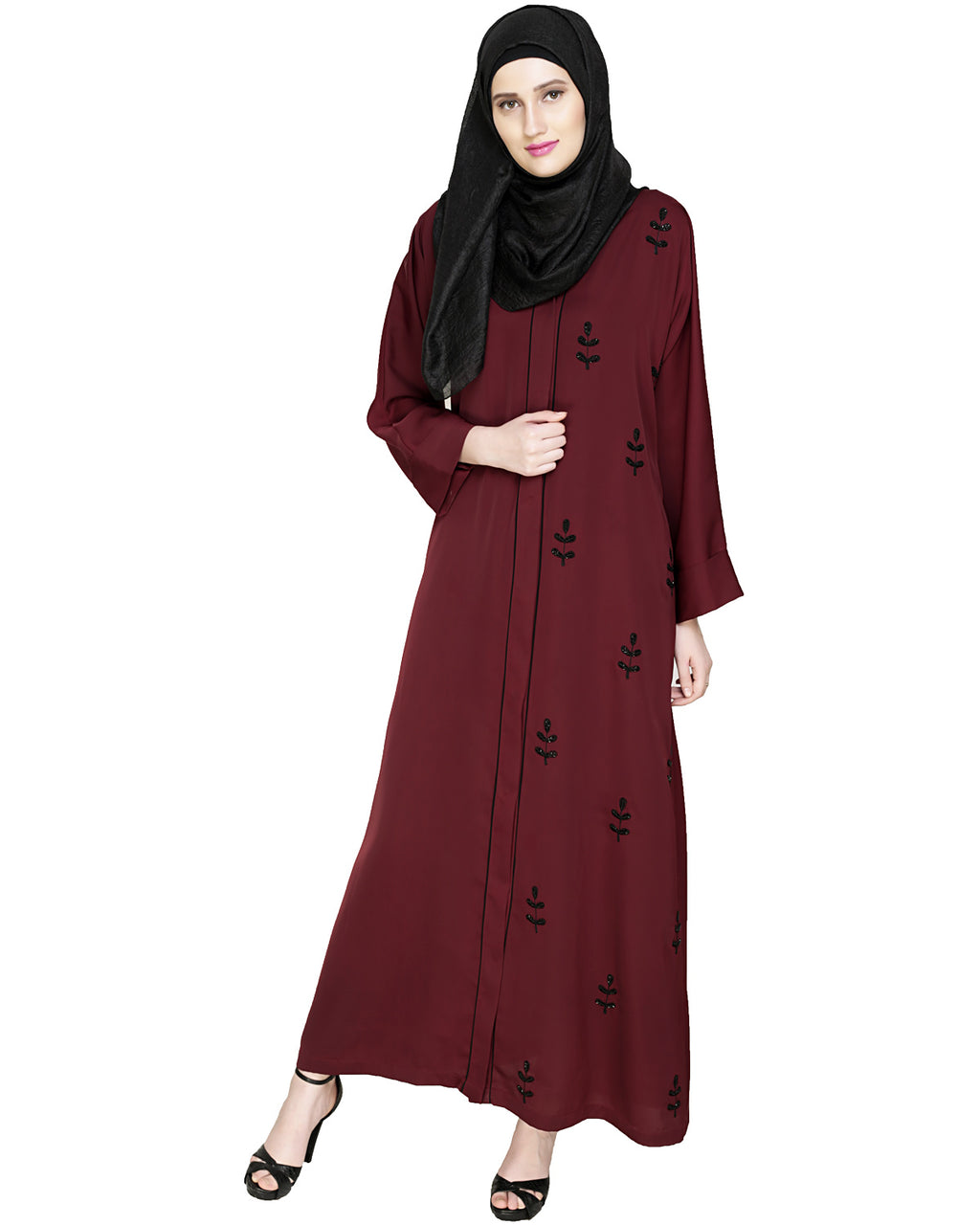 Botanic Beaded Dubai Style Abaya Deep Wine