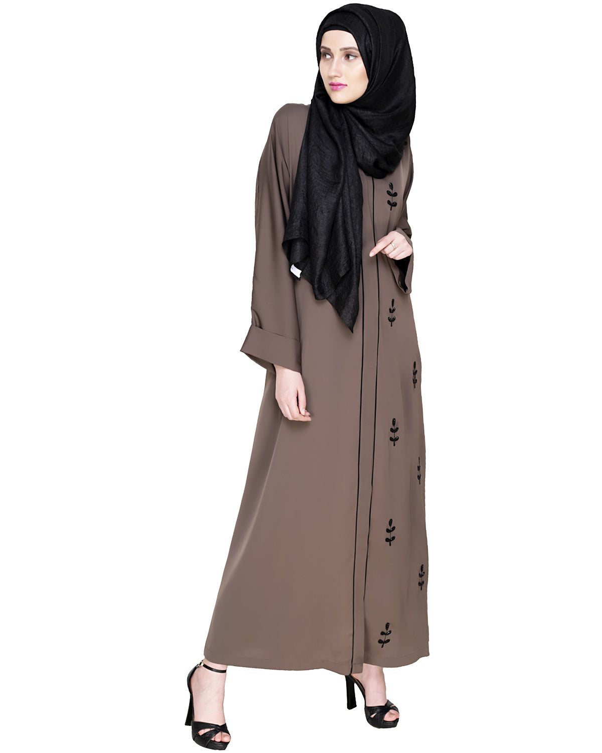 Botanic Beaded Dubai Style Abaya Oak Brown