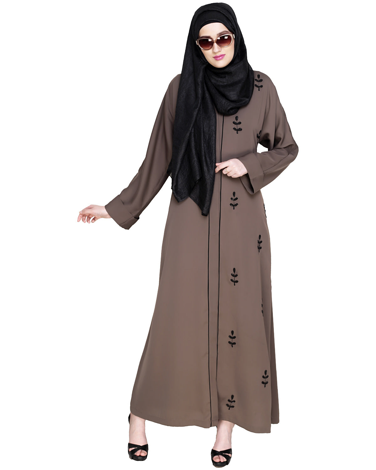 Botanic Beaded Dubai Style Abaya Oak Brown