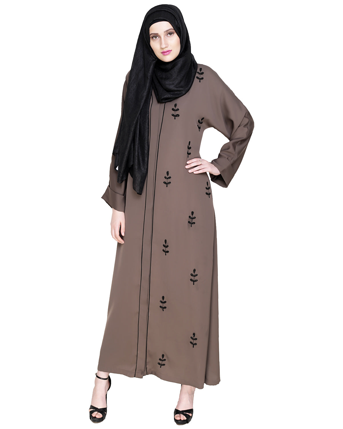 Botanic Beaded Dubai Style Abaya Oak Brown