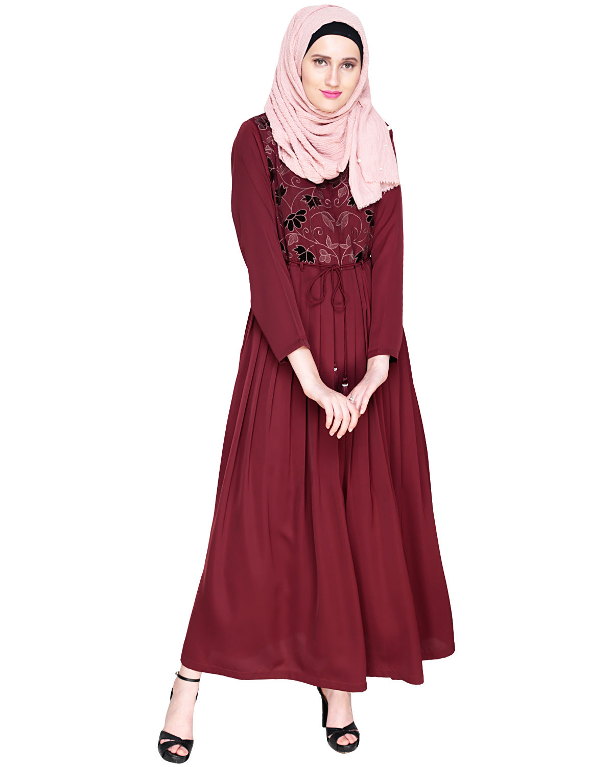 Sylvan Pleated Dubai Style Abaya Wine S