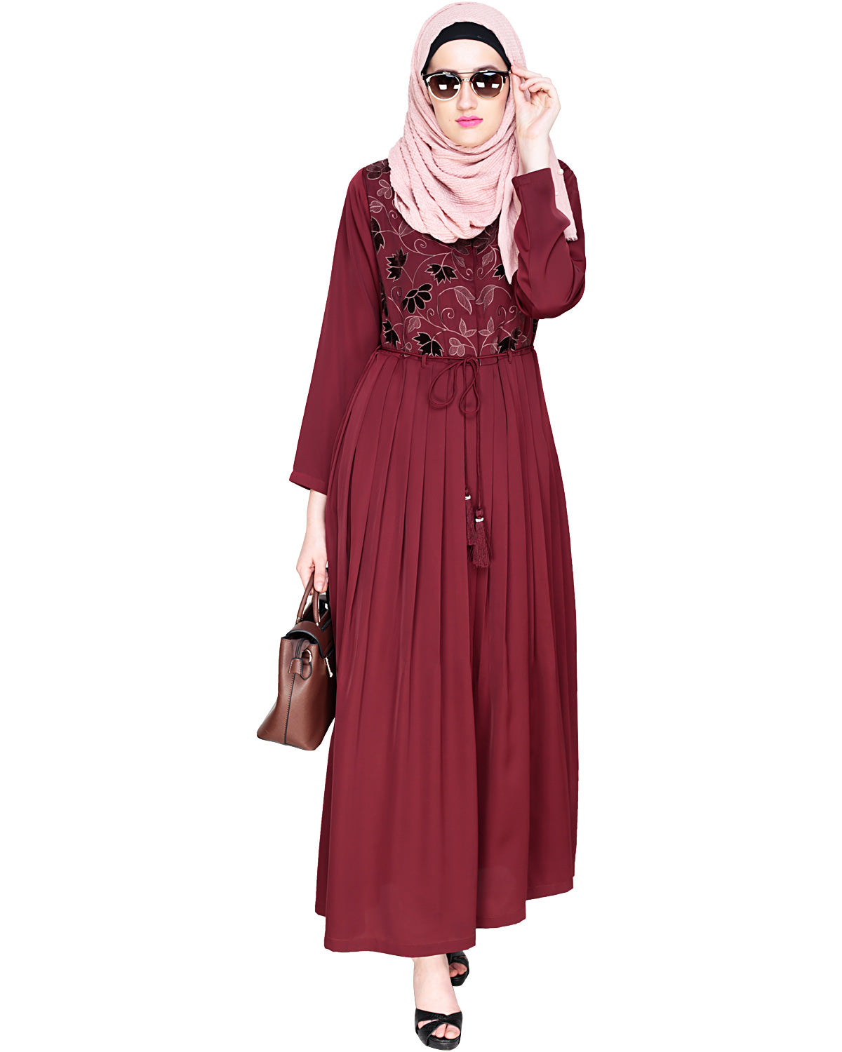 Sylvan Pleated Dubai Style Abaya Wine S