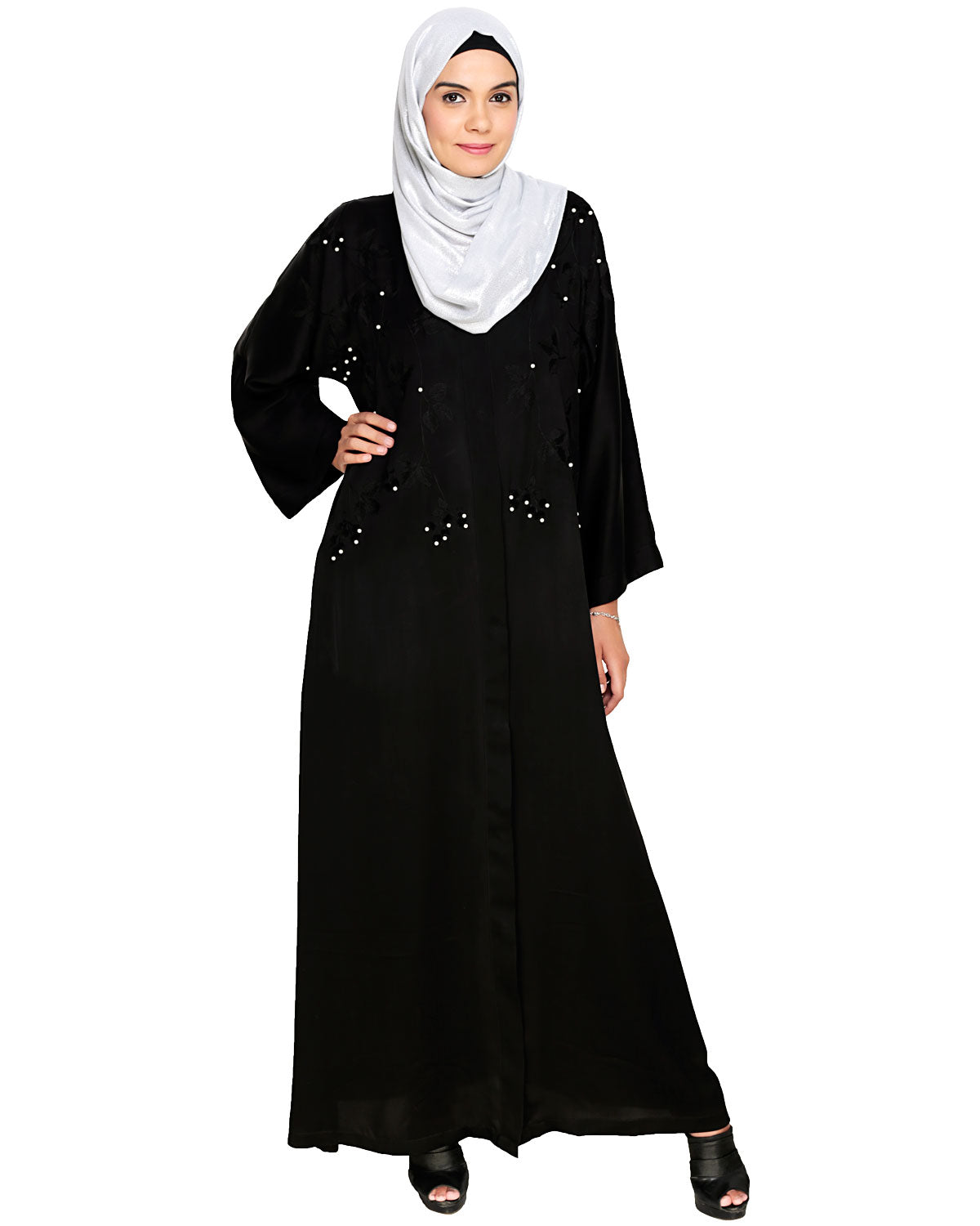 Pearl and Flora Embroidered Dubai Style Abaya Black