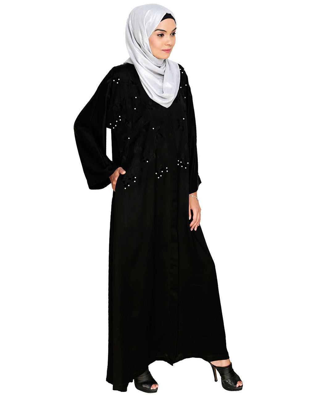 Pearl and Flora Embroidered Dubai Style Abaya Black