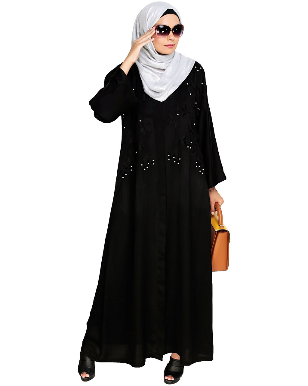 Pearl and Flora Embroidered Dubai Style Abaya Black
