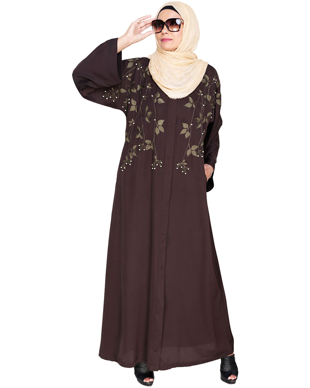 Pearl and Flora Embroidered Dubai Style Abaya Dark Brown