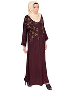 Pearl and Flora Embroidered Dubai Style Abaya Deep Wine