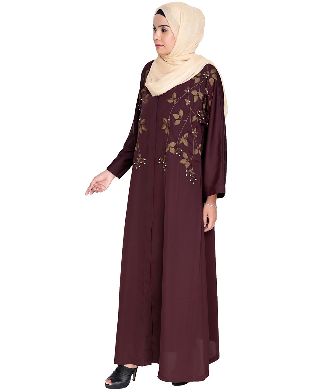 Pearl and Flora Embroidered Dubai Style Abaya Deep Wine