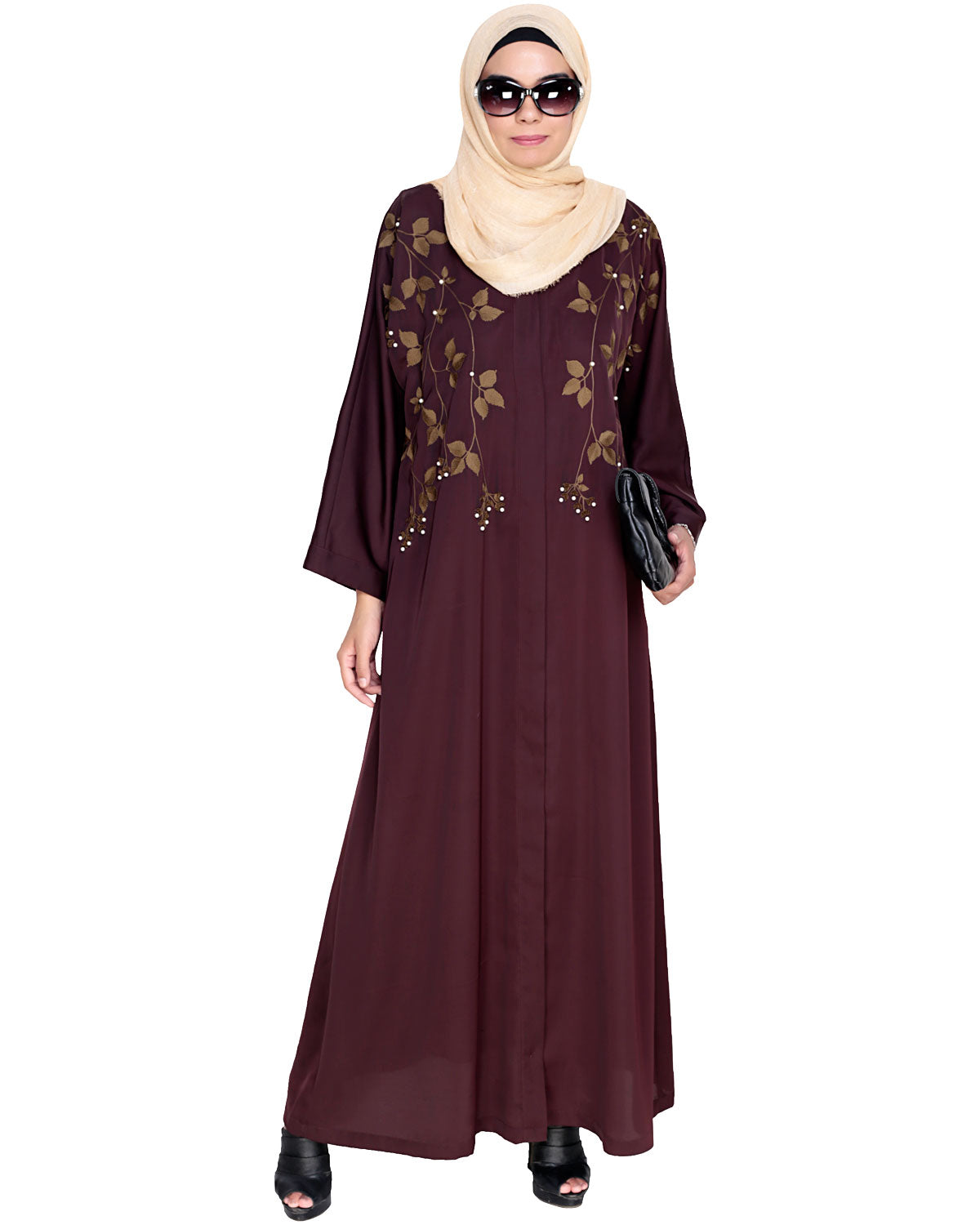 Pearl and Flora Embroidered Dubai Style Abaya Deep Wine