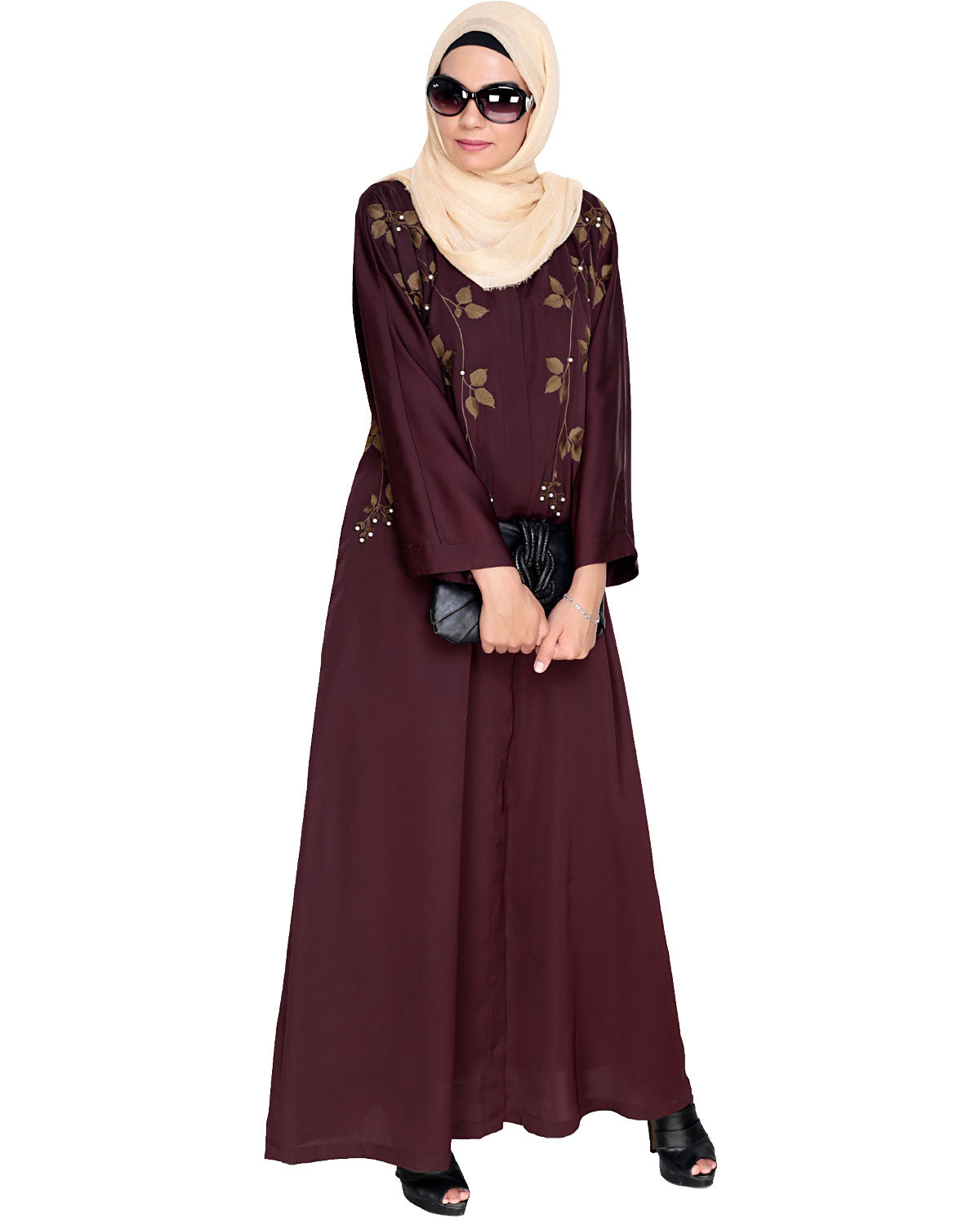 Pearl and Flora Embroidered Dubai Style Abaya Deep Wine