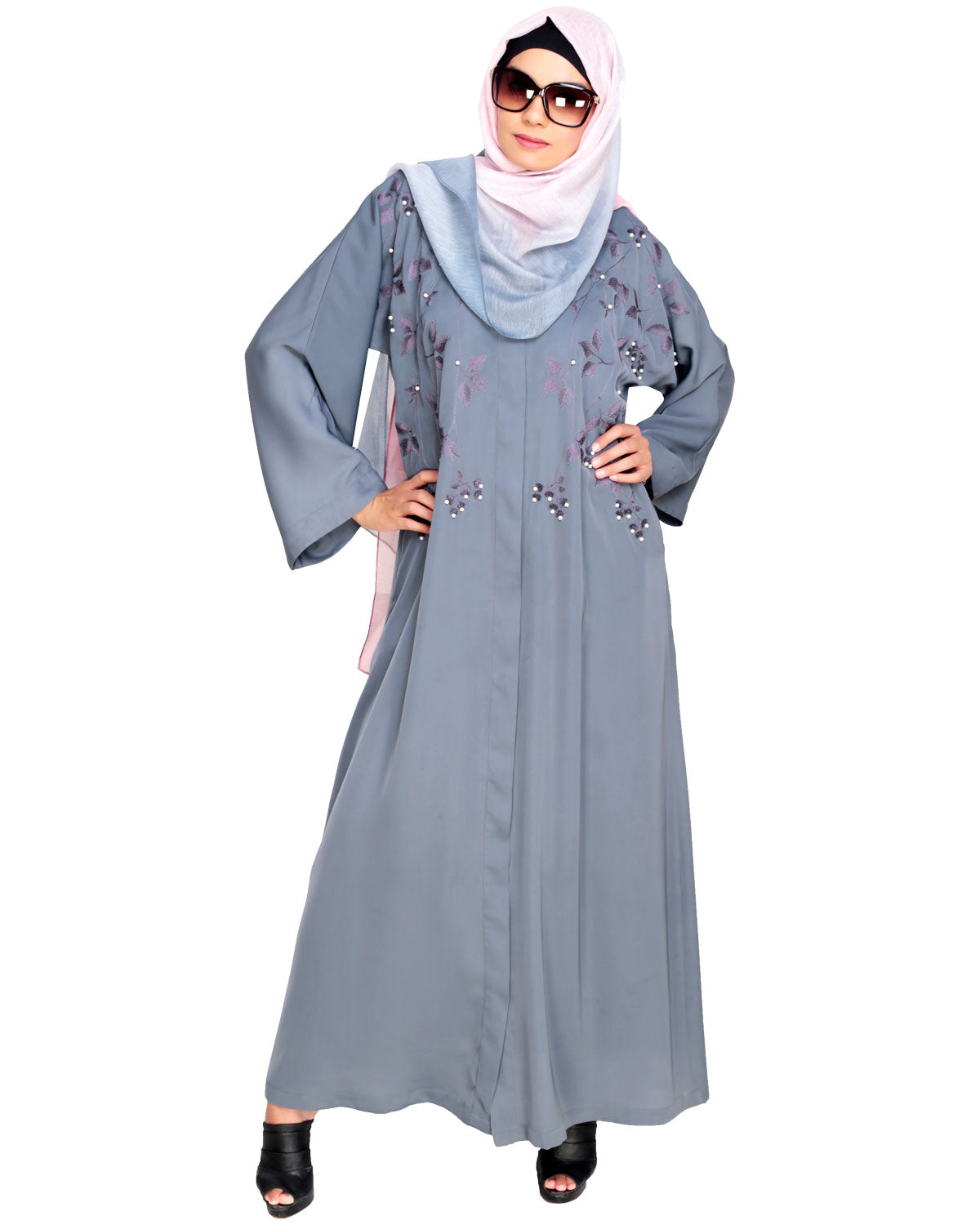 Pearl and Flora Embroidered Dubai Style Abaya Grey