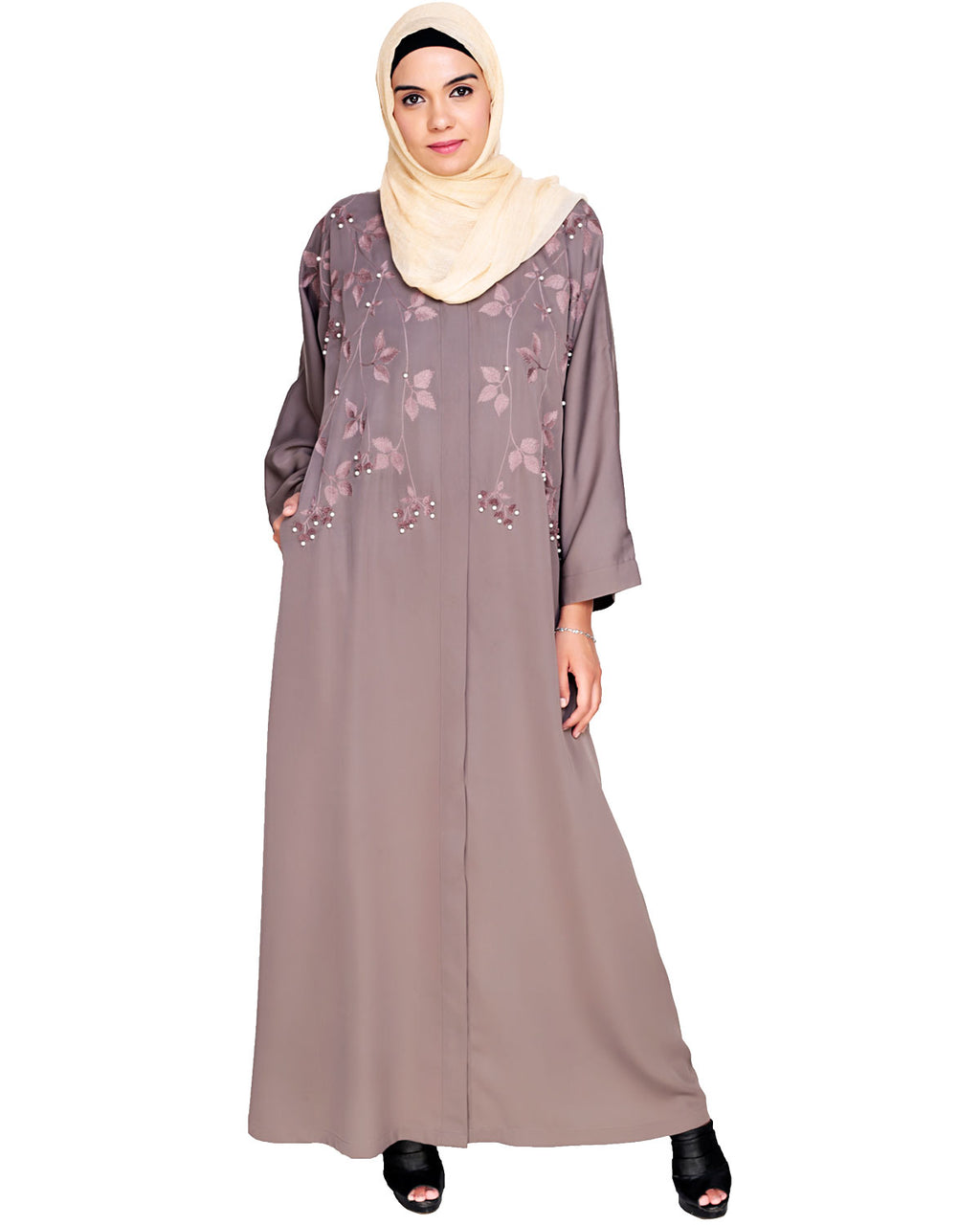 Pearl and Flora Embroidered Dubai Style Abaya Mud Brown