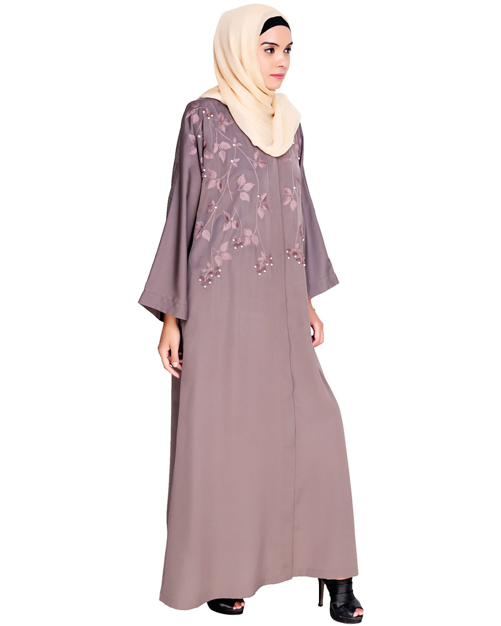Pearl and Flora Embroidered Dubai Style Abaya Mud Brown