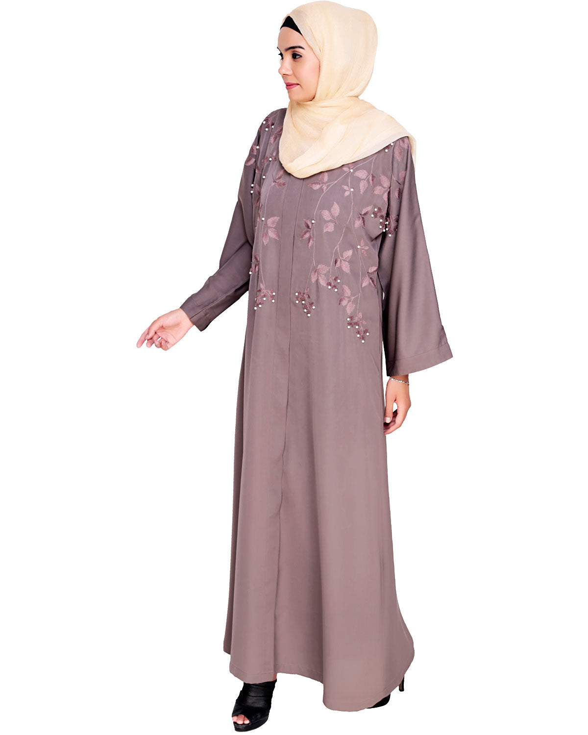 Pearl and Flora Embroidered Dubai Style Abaya Mud Brown