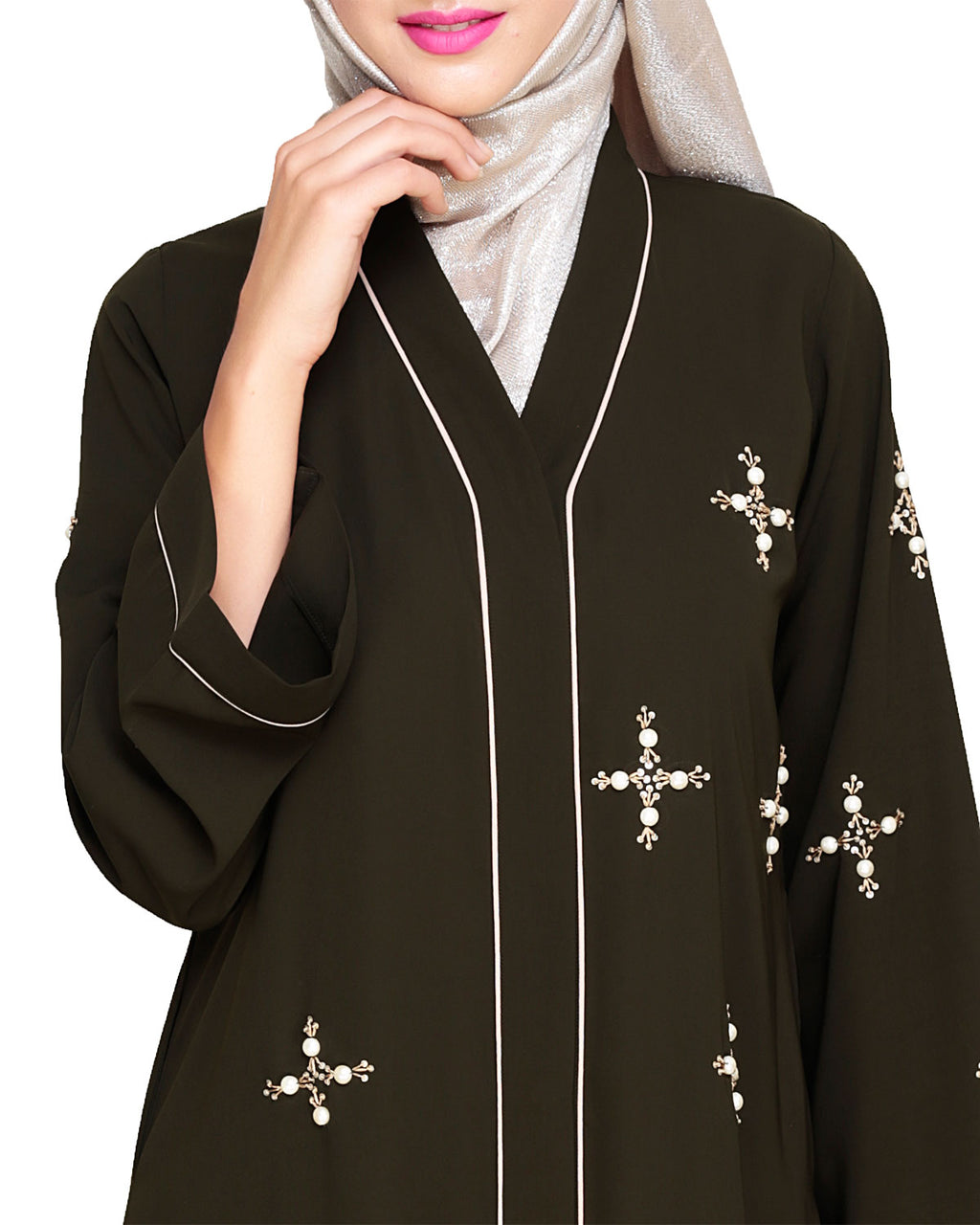 Newfangled Pearl Embroidered Abaya Olive