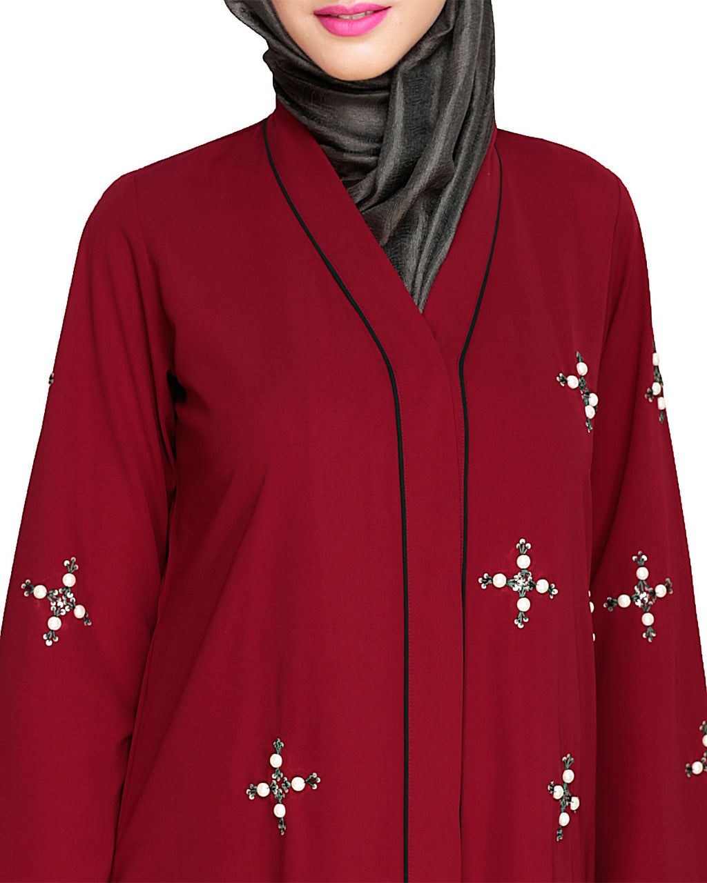Newfangled Pearl Embroidered Abaya Wine
