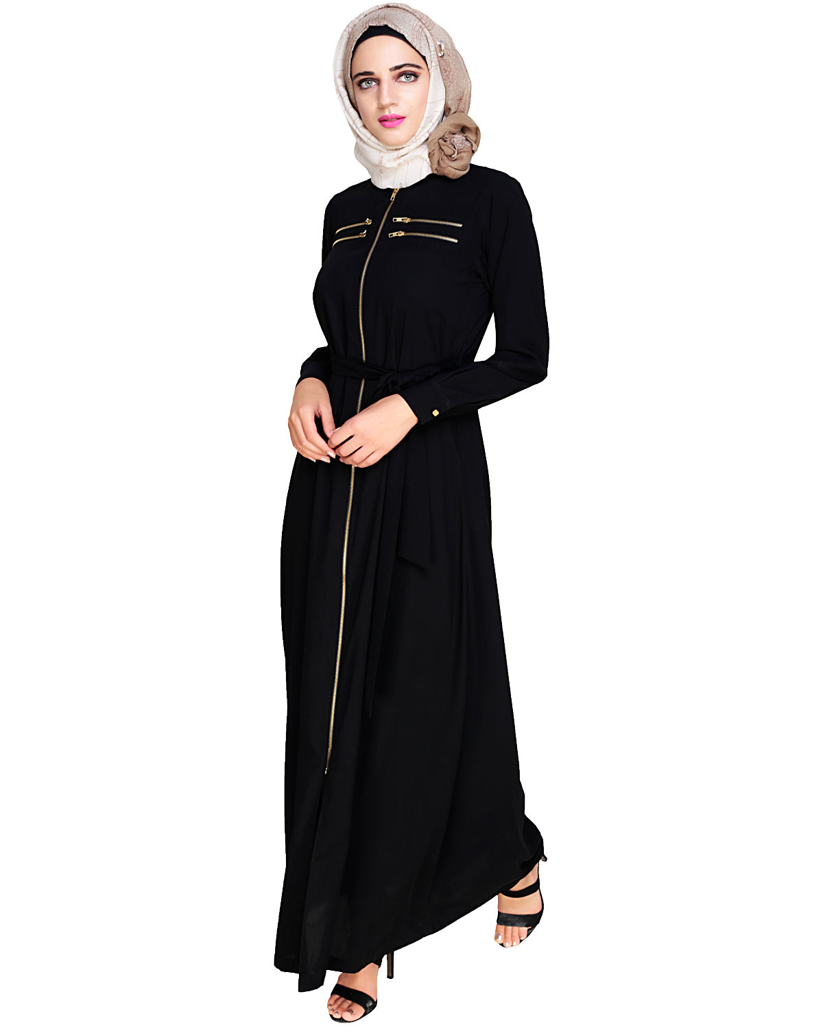 Metallic Sheen Front Zipper Abaya Black