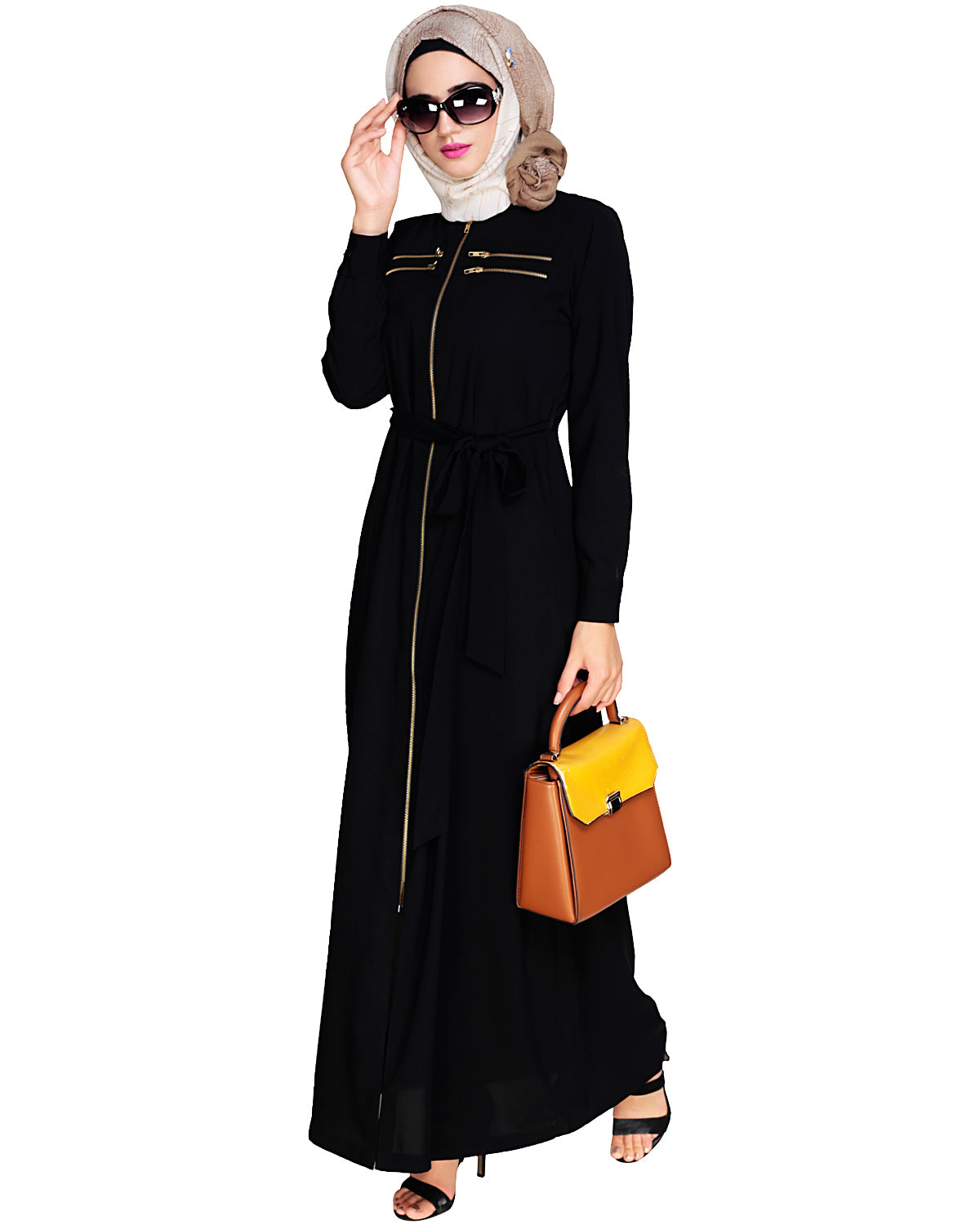 Metallic Sheen Front Zipper Abaya Black
