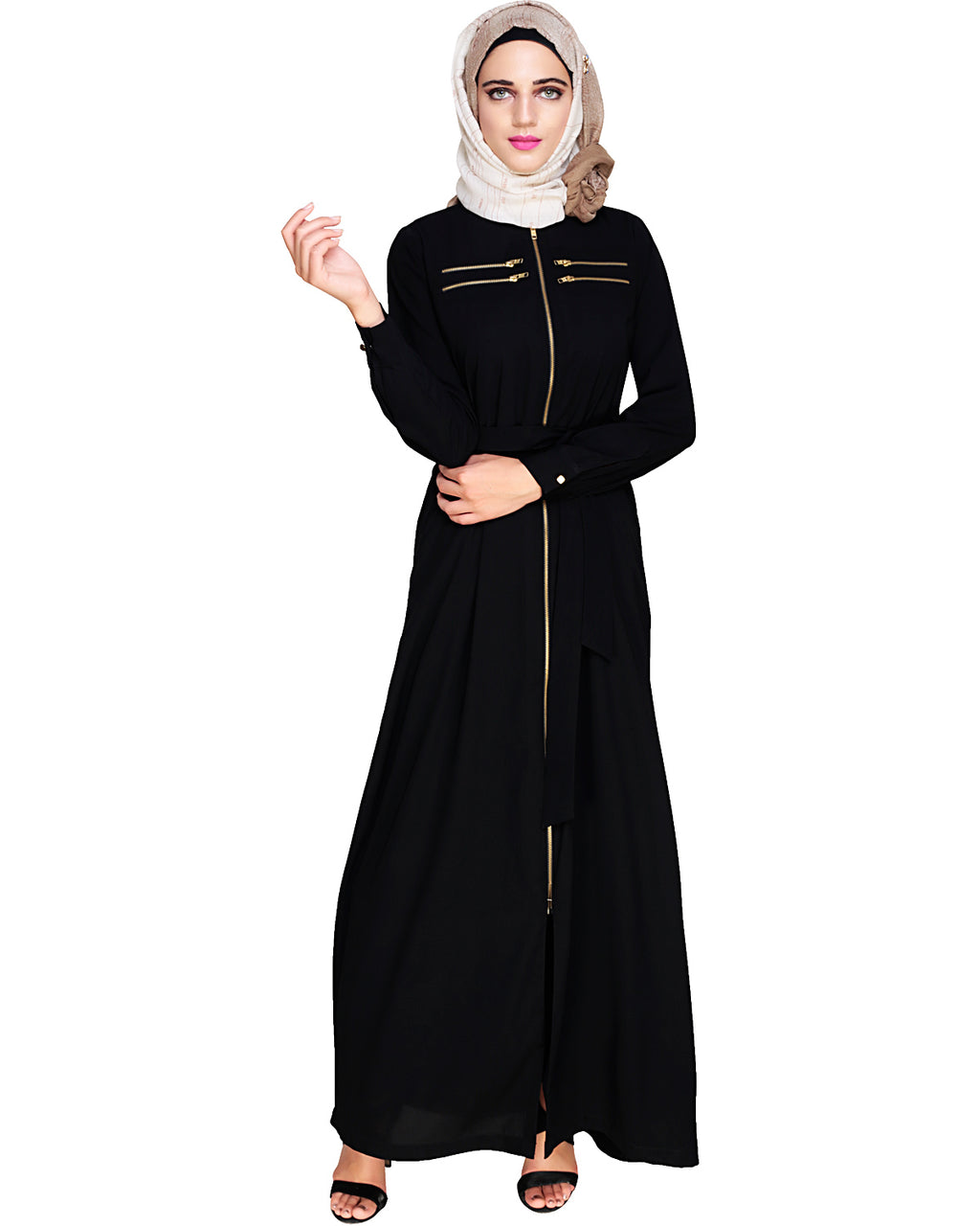 Metallic Sheen Front Zipper Abaya Black