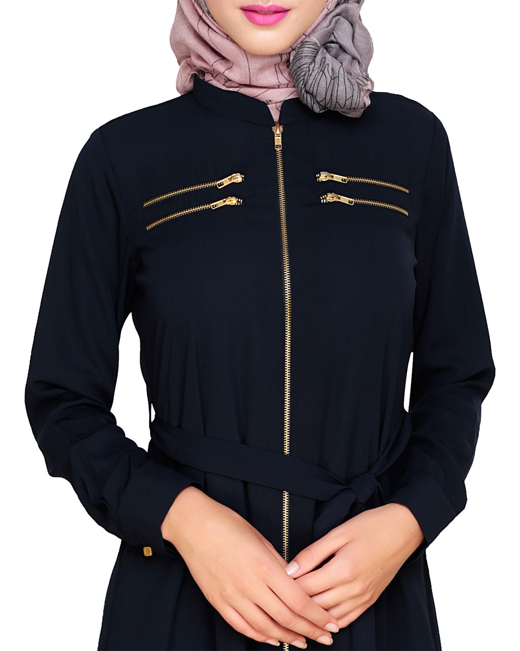Metallic Sheen Front Zipper Abaya Blue