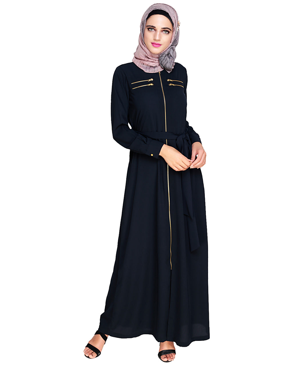 Metallic Sheen Front Zipper Abaya Blue