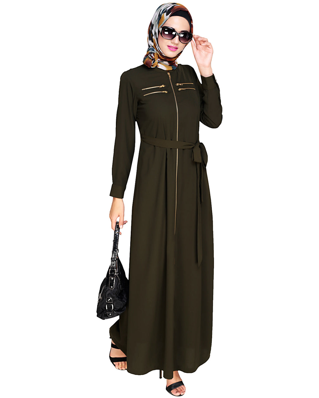 Metallic Sheen Front Zipper Abaya Olive