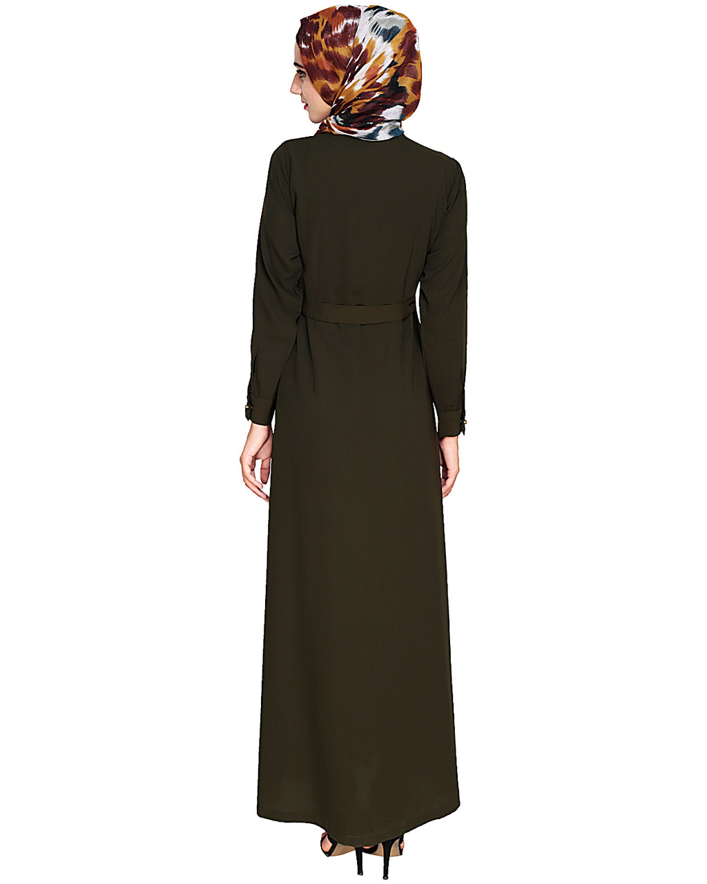 Metallic Sheen Front Zipper Abaya Olive
