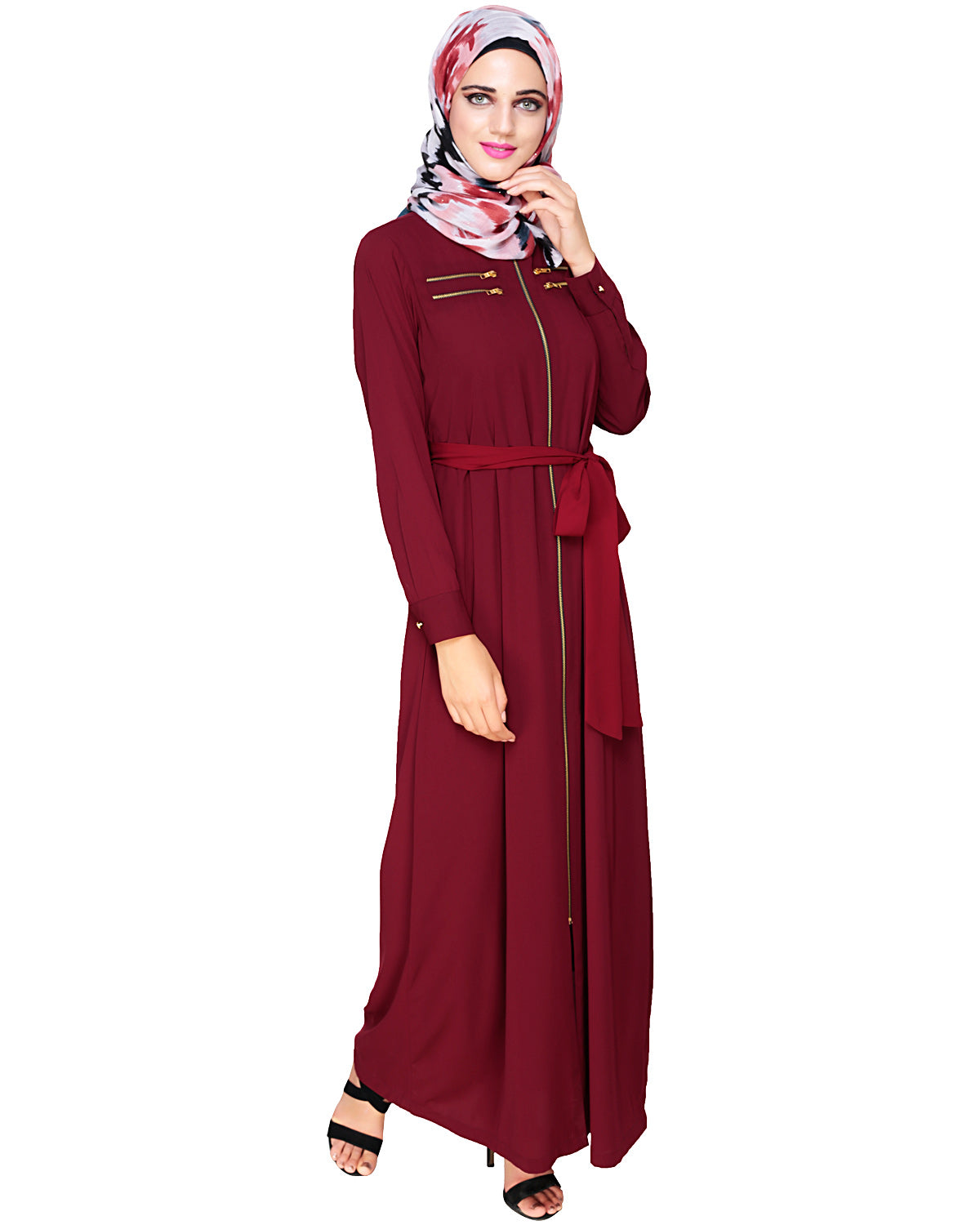 Metallic Sheen Front Zipper Abaya Wine