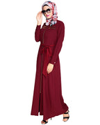 Metallic Sheen Front Zipper Abaya Wine