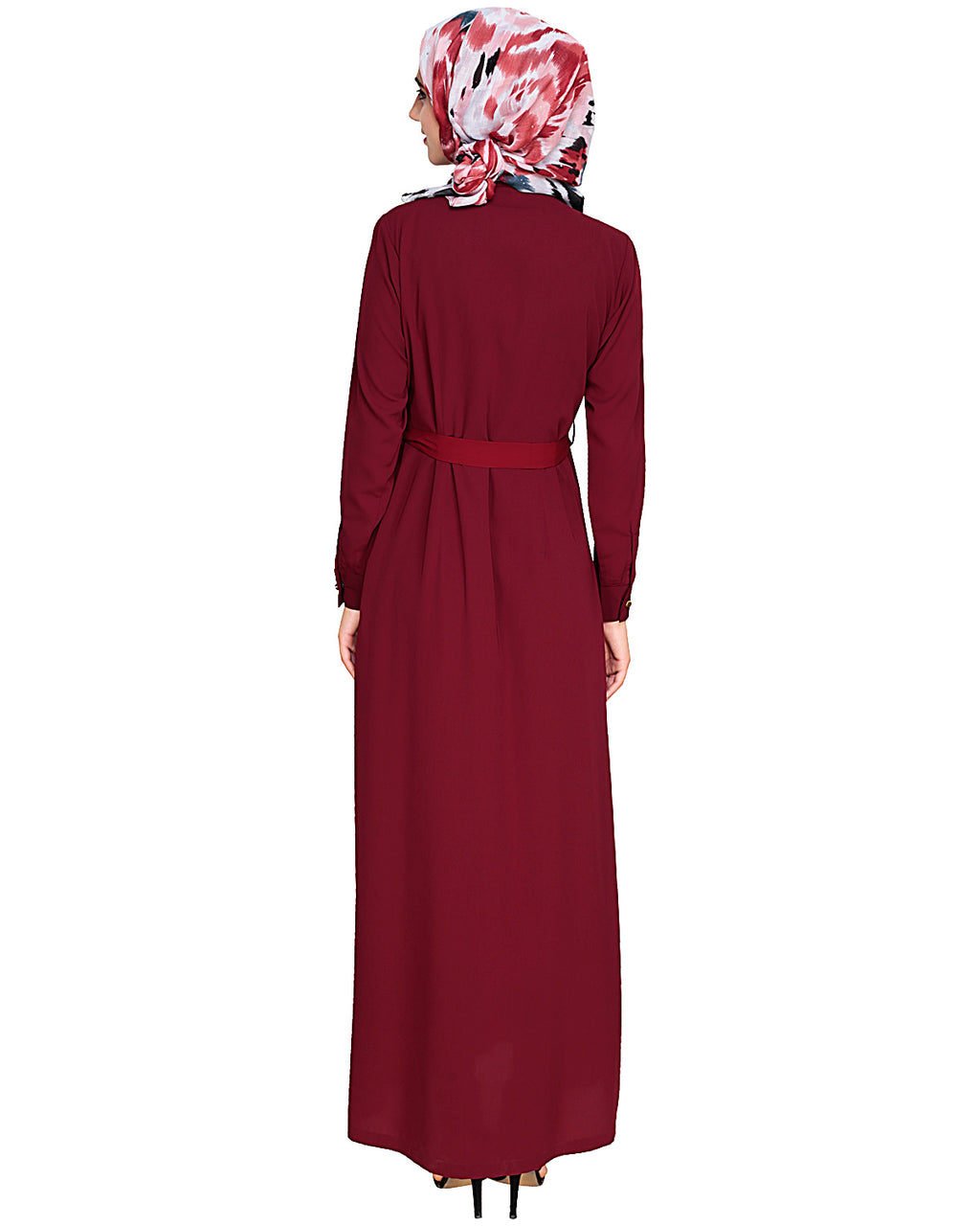 Metallic Sheen Front Zipper Abaya Wine