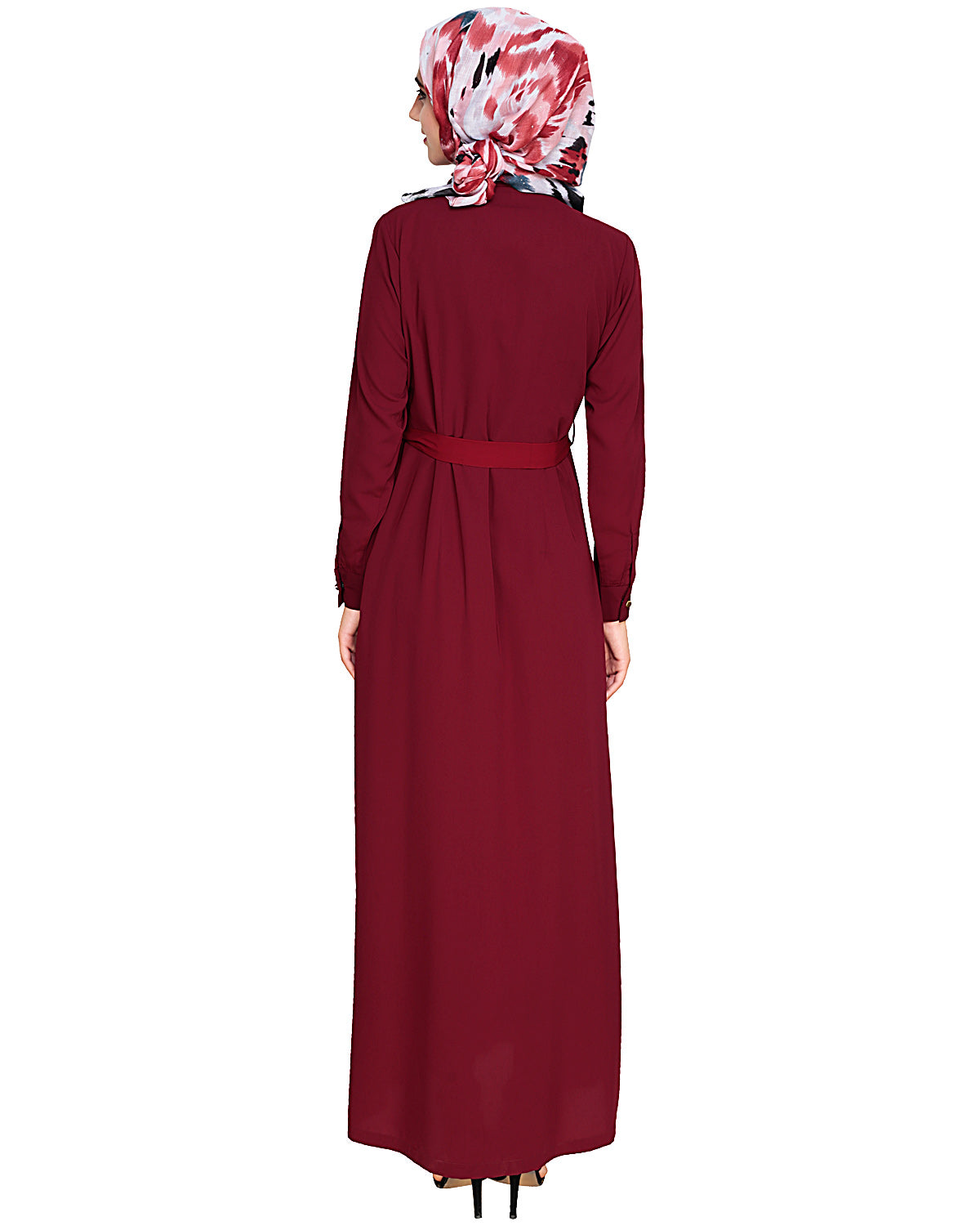 Metallic Sheen Front Zipper Abaya Wine