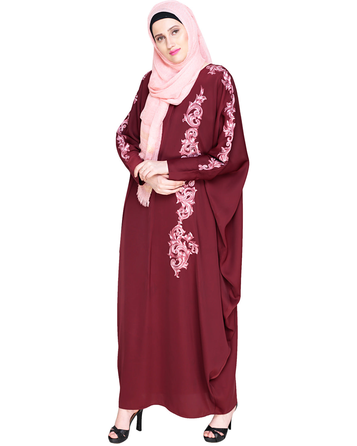 Dual Shade Floral Embroidered Beige Kaftan Wine