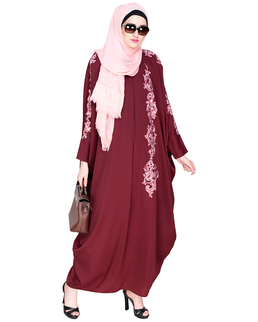 Dual Shade Floral Embroidered Beige Kaftan Wine