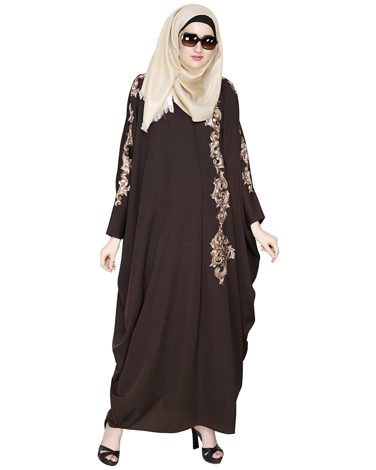 Dual Shade Floral Embroidered Beige Kaftan Wine