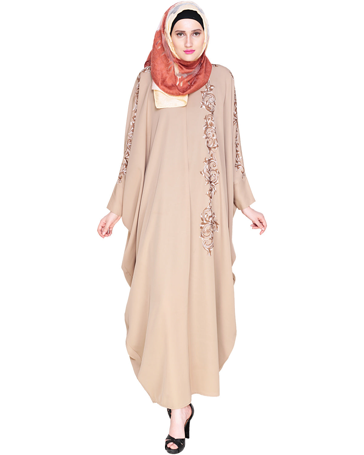 Dual Shade Floral Embroidered Beige Kaftan Beige