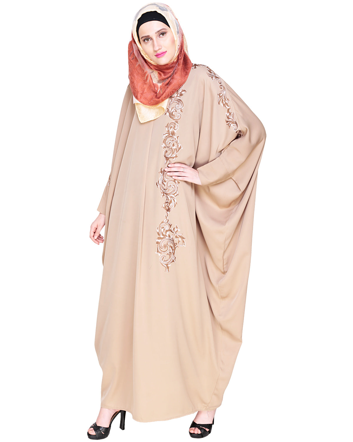 Dual Shade Floral Embroidered Beige Kaftan Wine