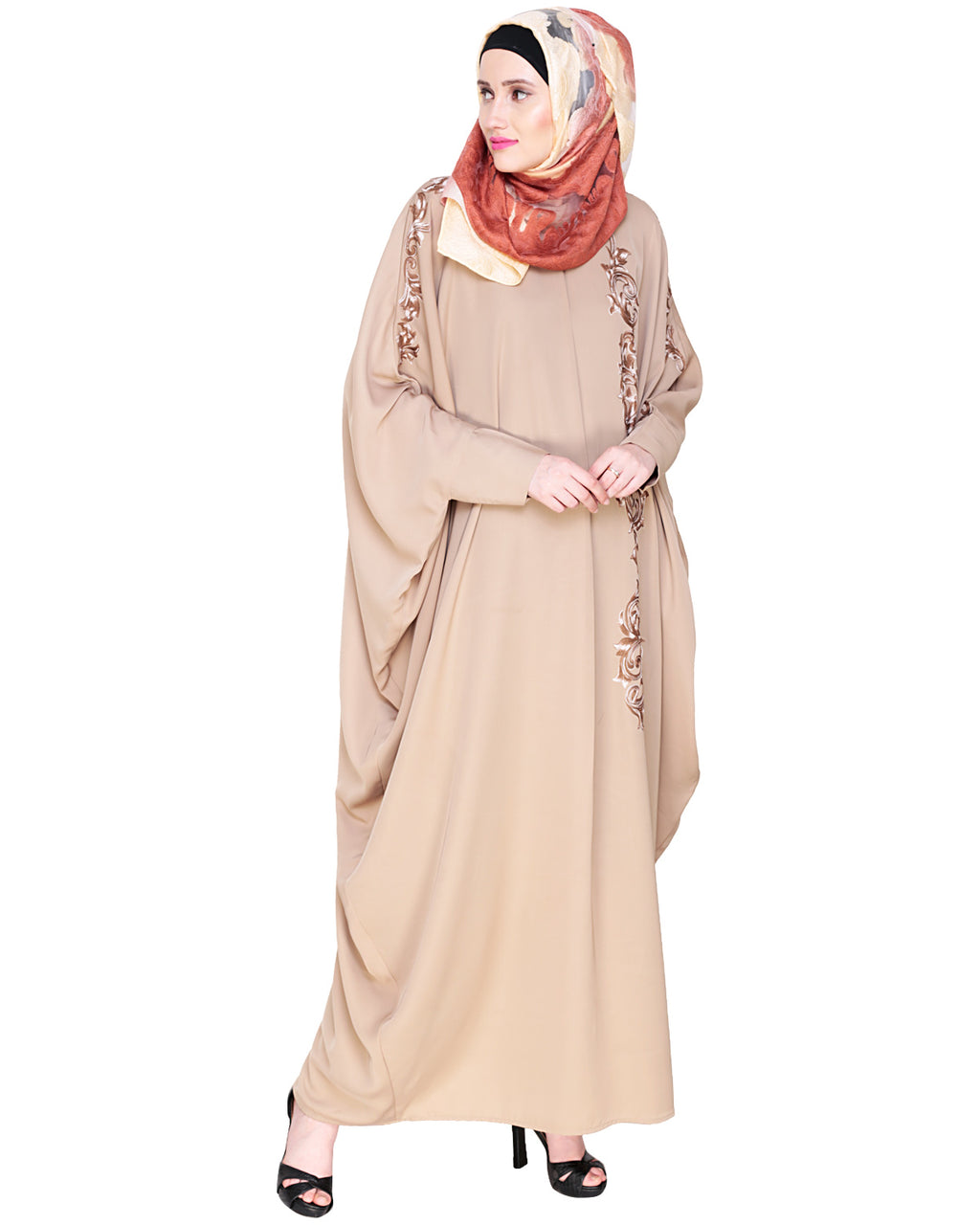 Dual Shade Floral Embroidered Beige Kaftan Wine