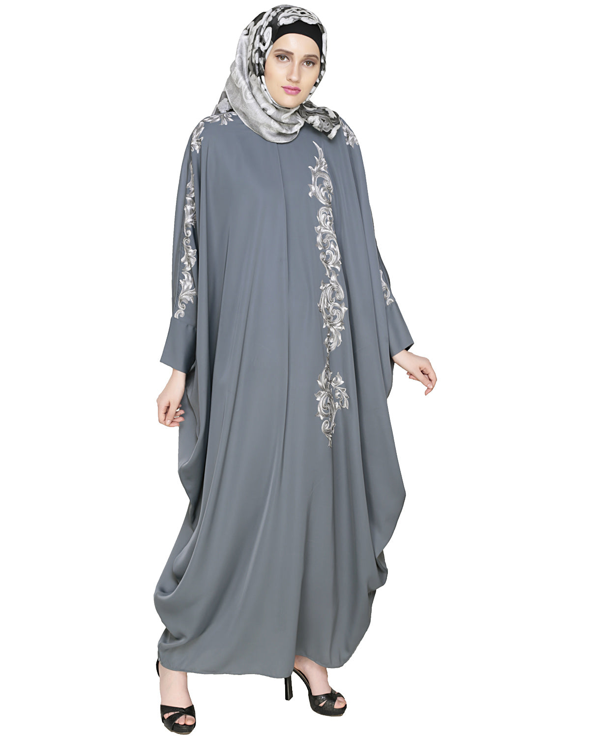 Dual Shade Floral Embroidered Beige Kaftan Wine