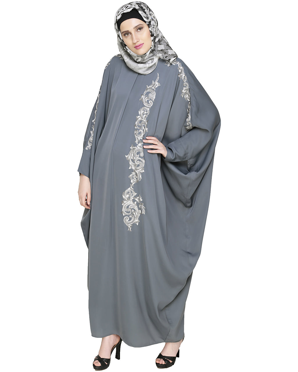 Dual Shade Floral Embroidered Beige Kaftan Grey