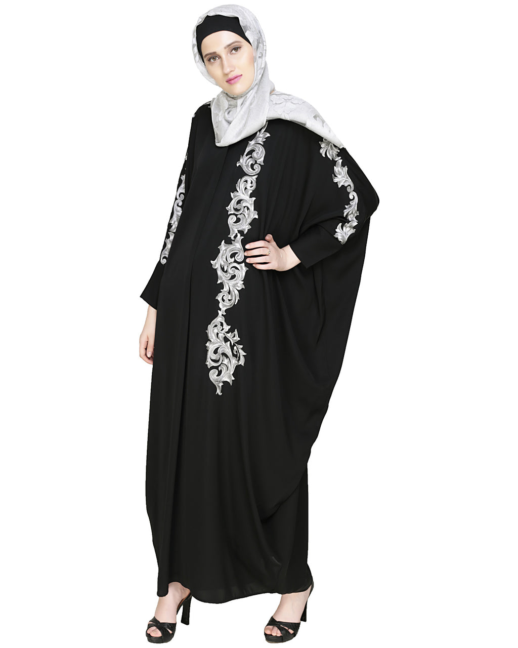 Dual Shade Floral Embroidered Beige Kaftan Black