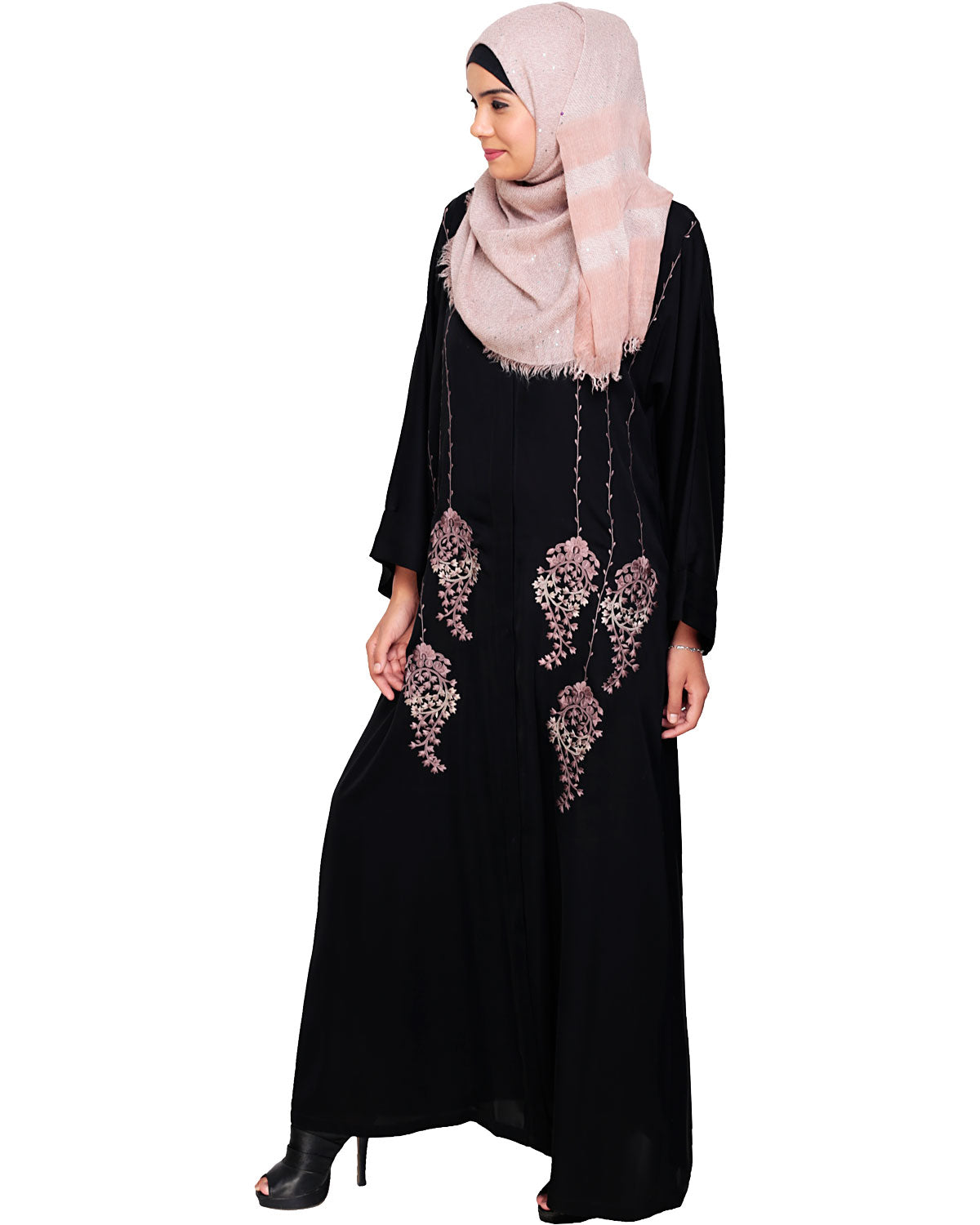 Floral Pendant Dubai Style Abaya Black