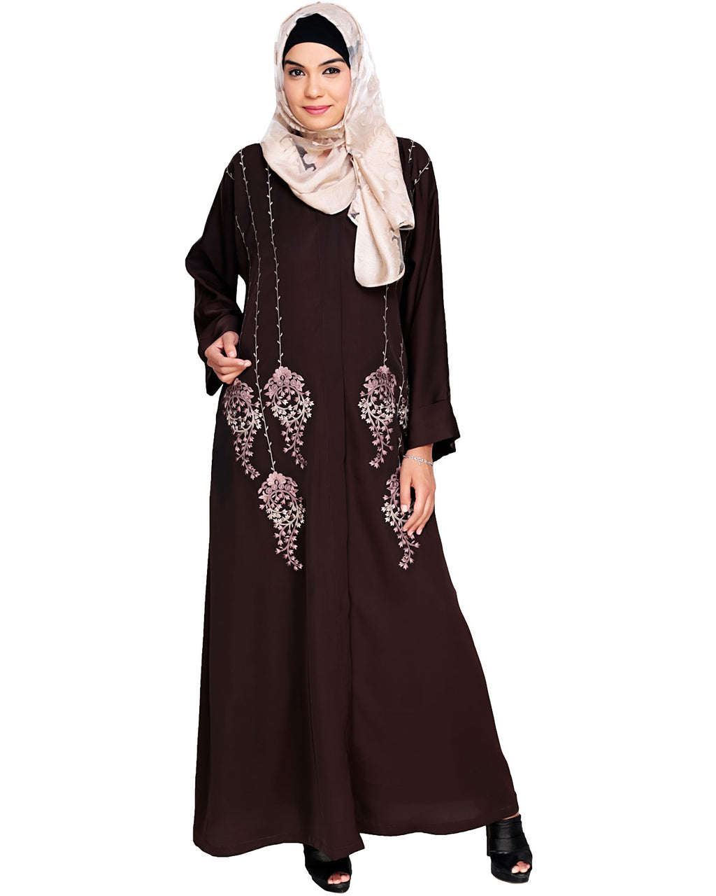 Floral Pendant Dubai Style Abaya Brown