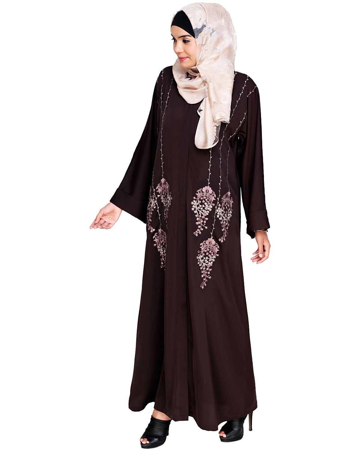 Floral Pendant Dubai Style Abaya Brown