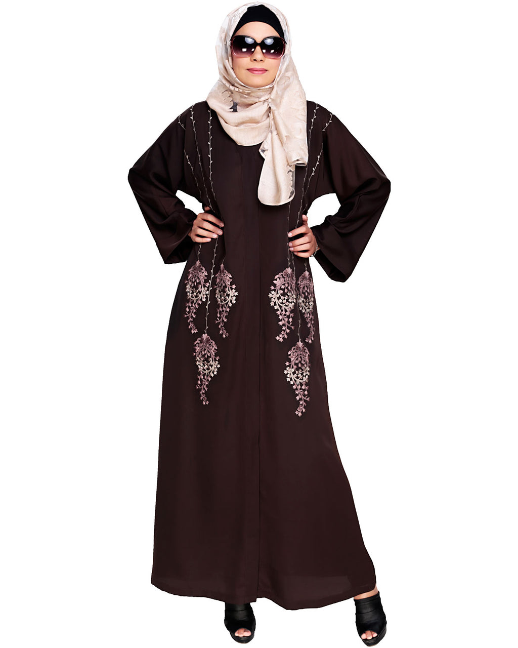 Floral Pendant Dubai Style Abaya Brown