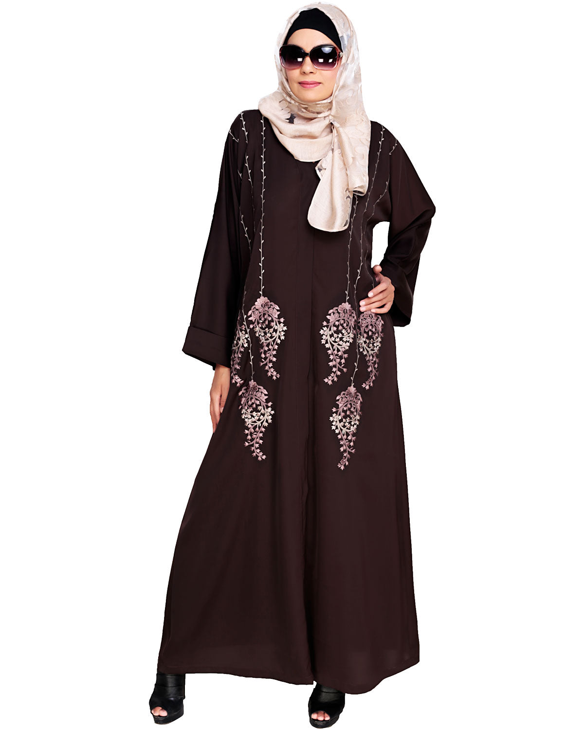 Floral Pendant Dubai Style Abaya Brown