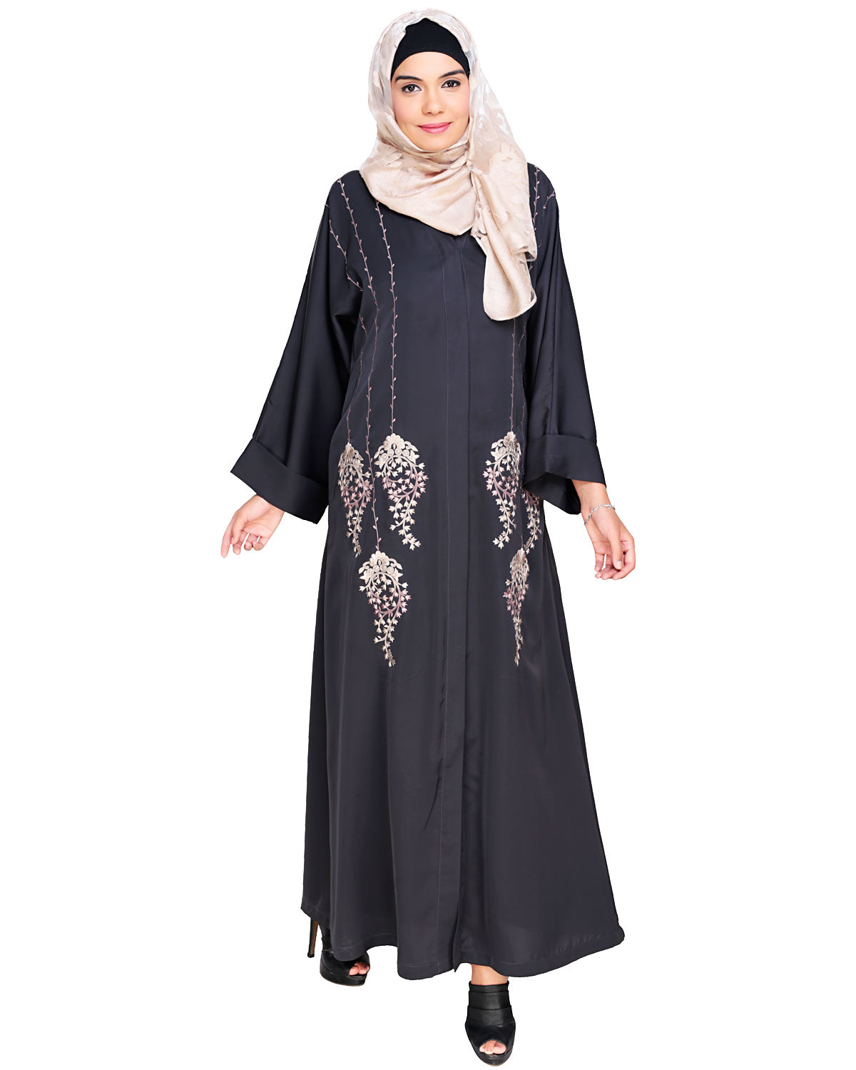 Floral Pendant Dubai Style Abaya Grey